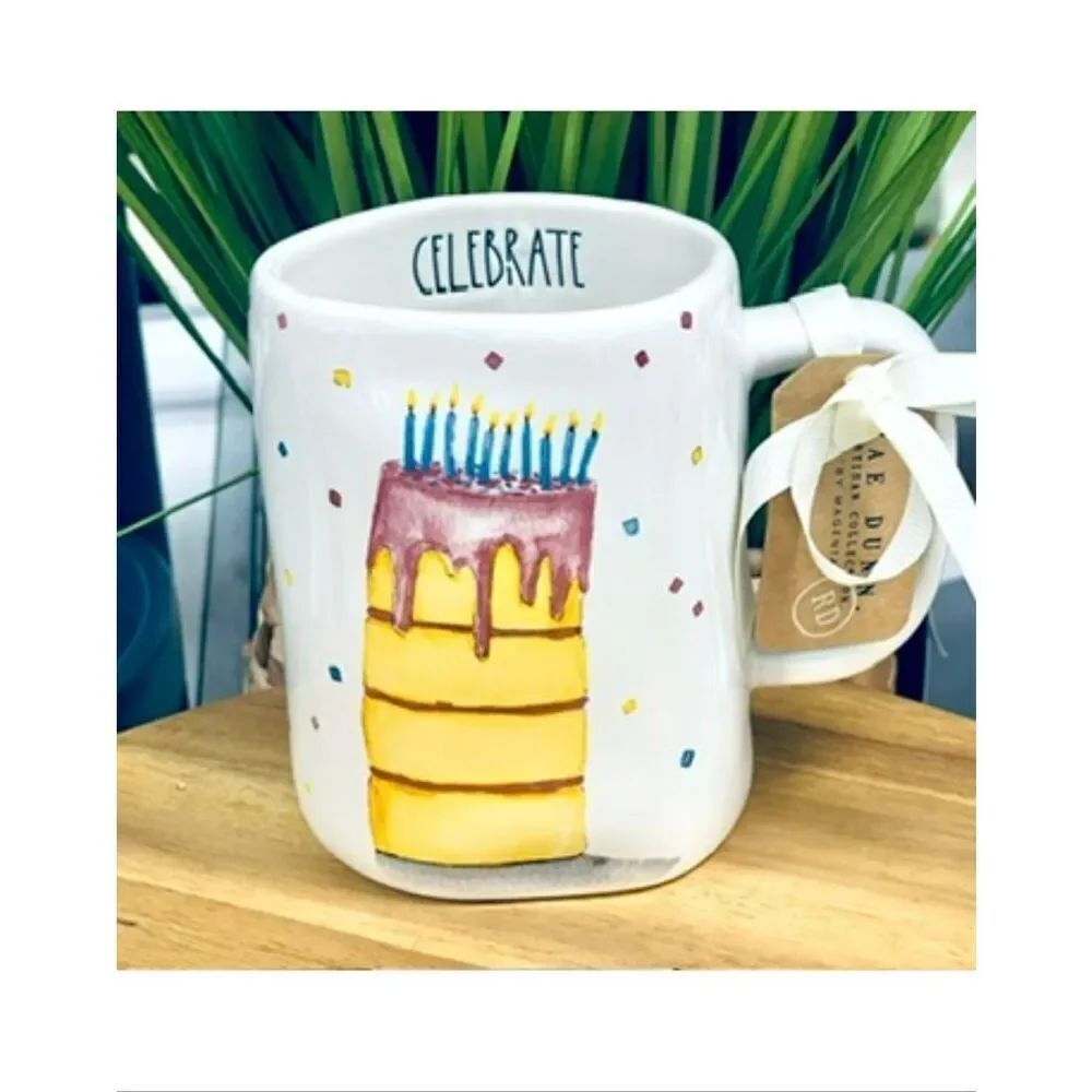 NWT Rae DunnβGorgeous CELEBRATE White Ceramic Birthday Mug Yellow & Pink Cake